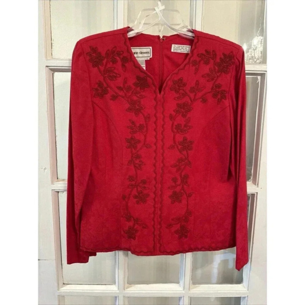 Karin Stevens Dress Suit Size 12‎ Vintage Red Embodied Top Shoulder Pads